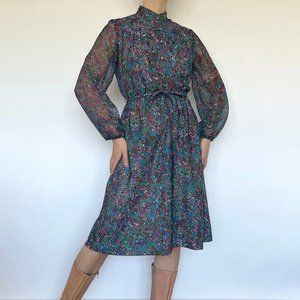 Vintage 1970s colorful reptile print sheer bishop sleeve midi dress w/ waist tie